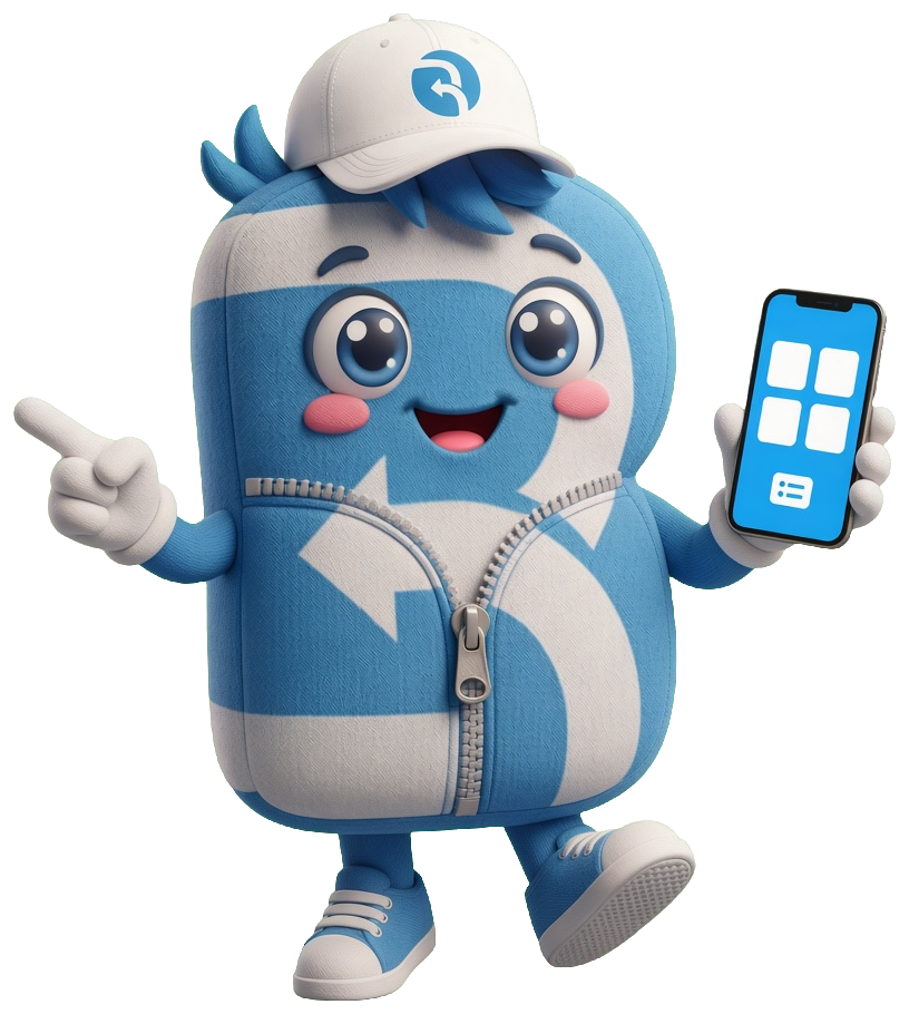 Binko pointing to the catalog button while holding the catalog on a phone